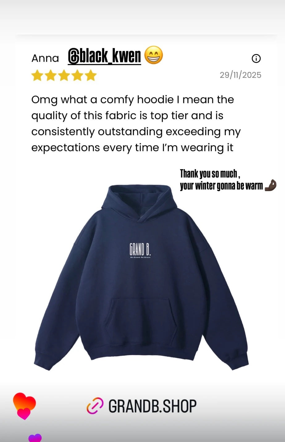 Avis 5 étoiles d'Anna sur le hoodie GRAND B. navy