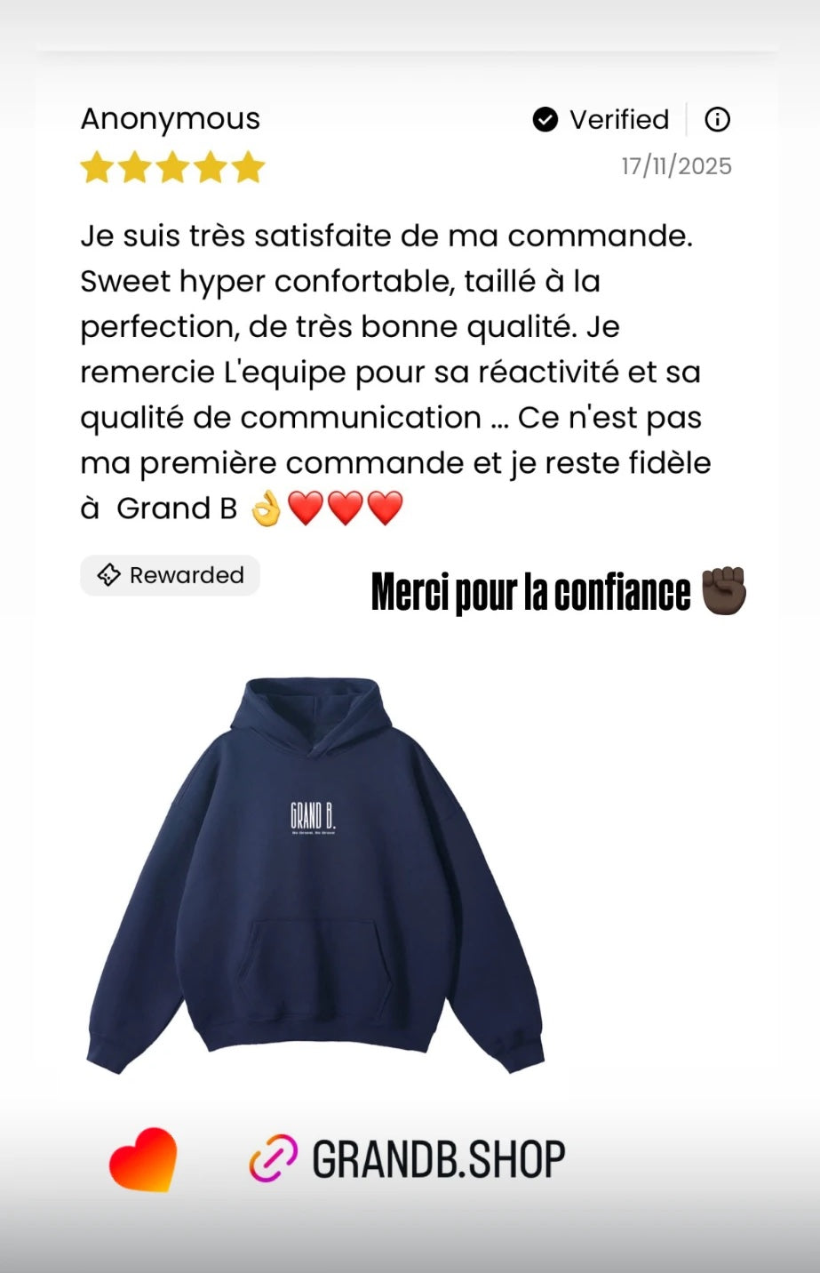 Avis client 5 étoiles sur le hoodie GRAND B. navy