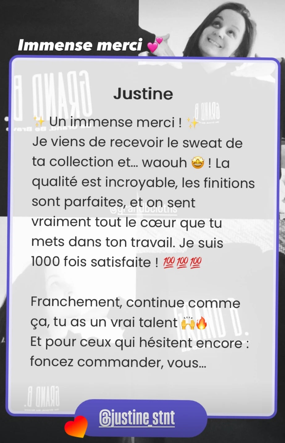 Message de remerciement de Justine pour son sweat GRAND B.